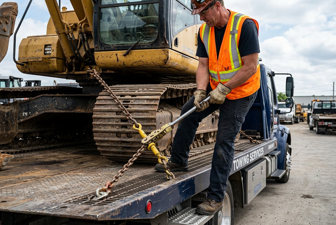 Tow operator using a ratchet chain binder to secure a load with transport chain