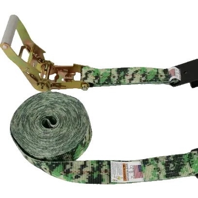 Green camo 2 inch x 30 ft ratchet strap with flat hooks, coiled with long handle ratchet, R230FGRCAM