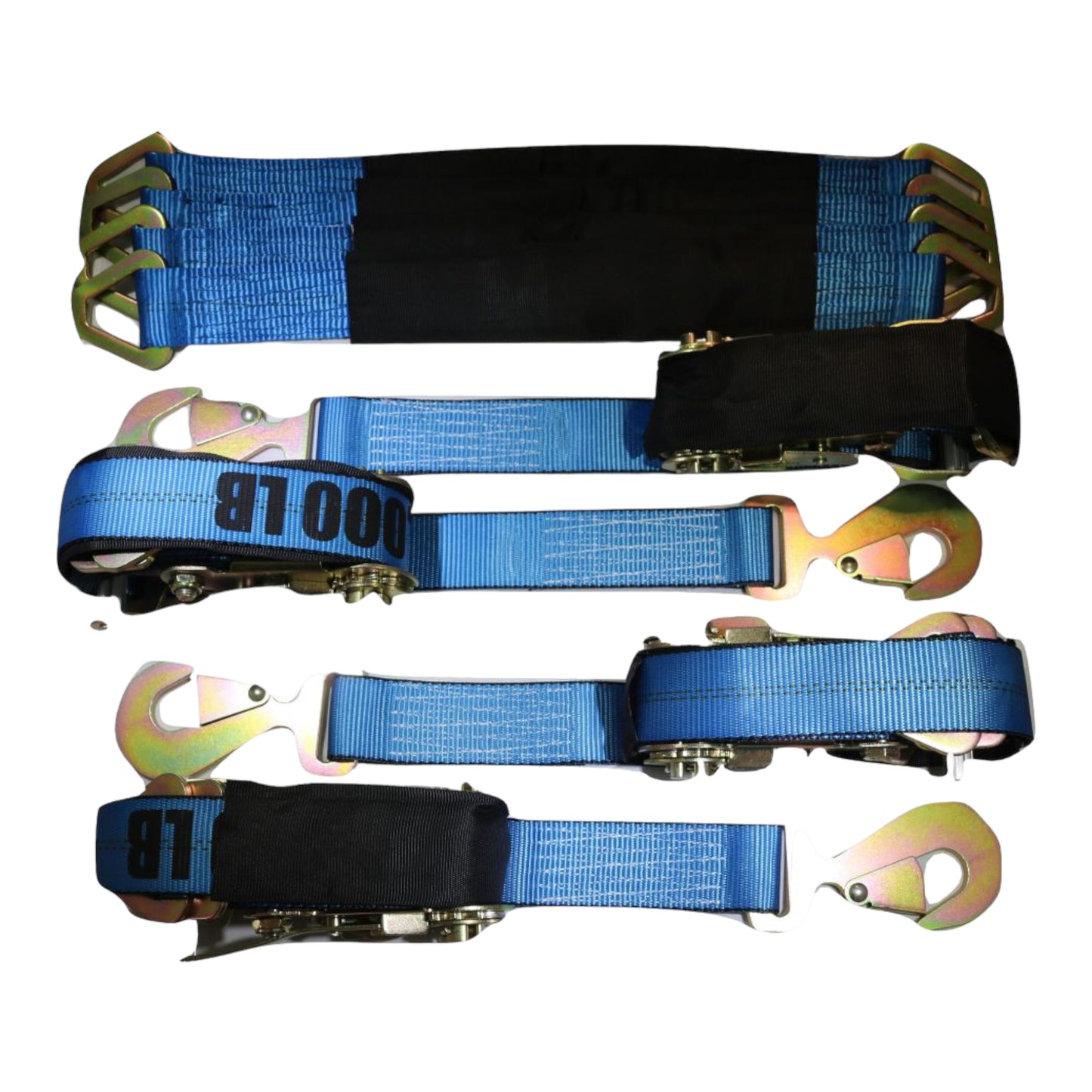 Axle Strap Tie Downs 24" Long & Qty 4 Ratchet Tow Straps Car Haulers, BLUE | 4 PACK KIT