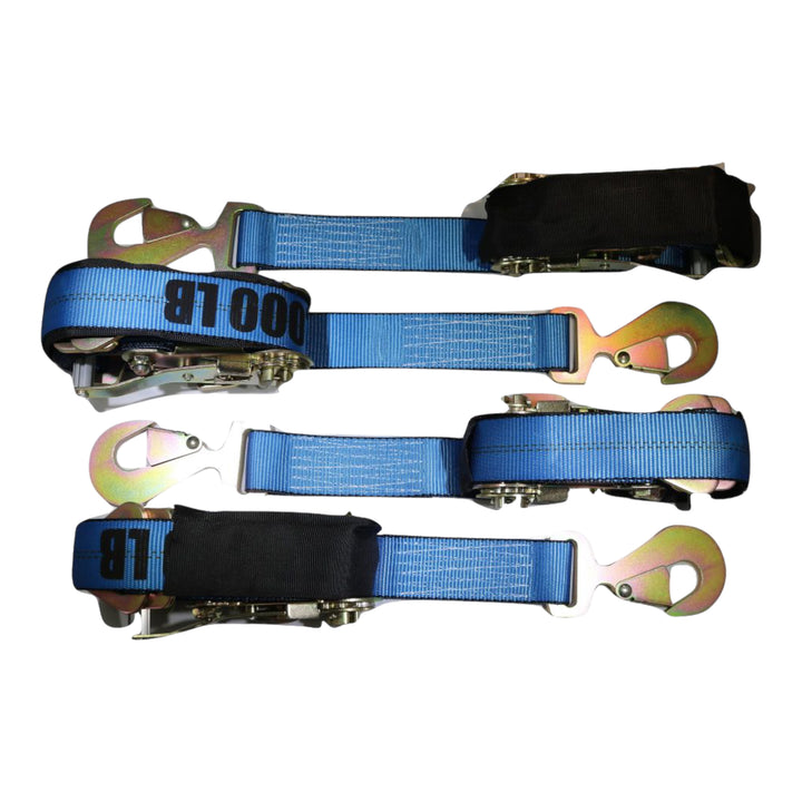 Axle Strap Tie Downs 24" Long & Qty 4 Ratchet Tow Straps Car Haulers, BLUE | 4 PACK KIT