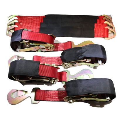 Axle Strap Tie Downs 24" Long & Ratchet Tow Straps Car Haulers RED | 4 PACK KIT