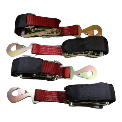 Axle Strap Tie Downs 24" Long & Ratchet Tow Straps Car Haulers RED | 4 PACK KIT