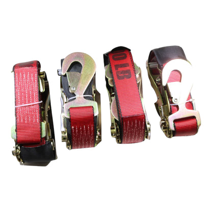 Axle Strap Tie Downs 24" Long & Ratchet Tow Straps Car Haulers RED | 4 PACK KIT