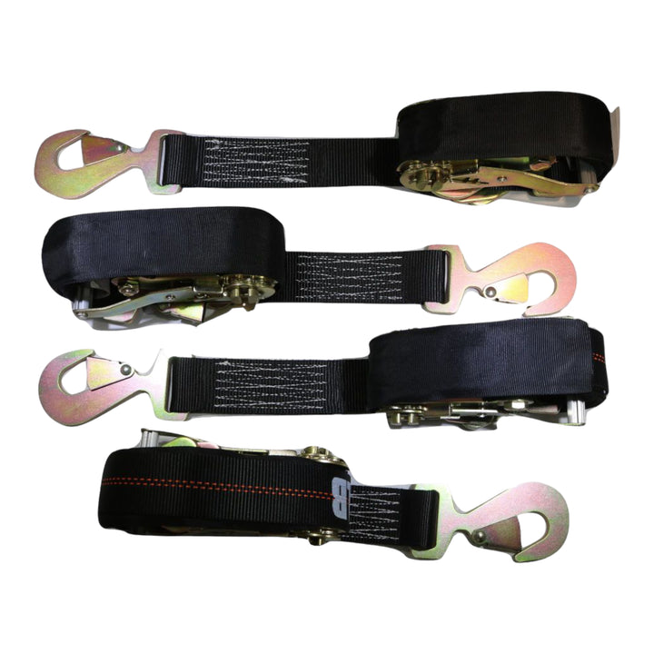 Axle Strap Tie Downs 24" Long & Ratchet Tow Straps Car Haulers, BLACK | 4 PACK KIT