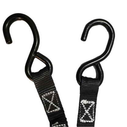Vinyl coated S hook on 1 inch black ratchet strap